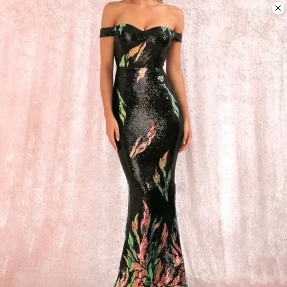 Long Elegant Off-Shoulder Black Multi Color Maxi Sequin Forml Dress
